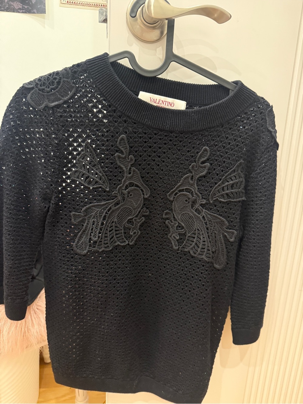 Valentino Black Open-Knit Embroidered Crewneck Sweater